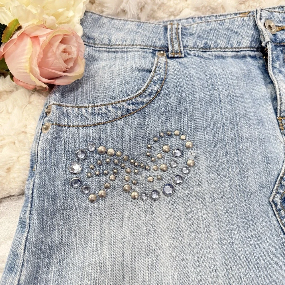 Vintage Y2K Jordache Low Rise Micro Mini‎ Denim Skirt 7/8 Embellished Light Wash